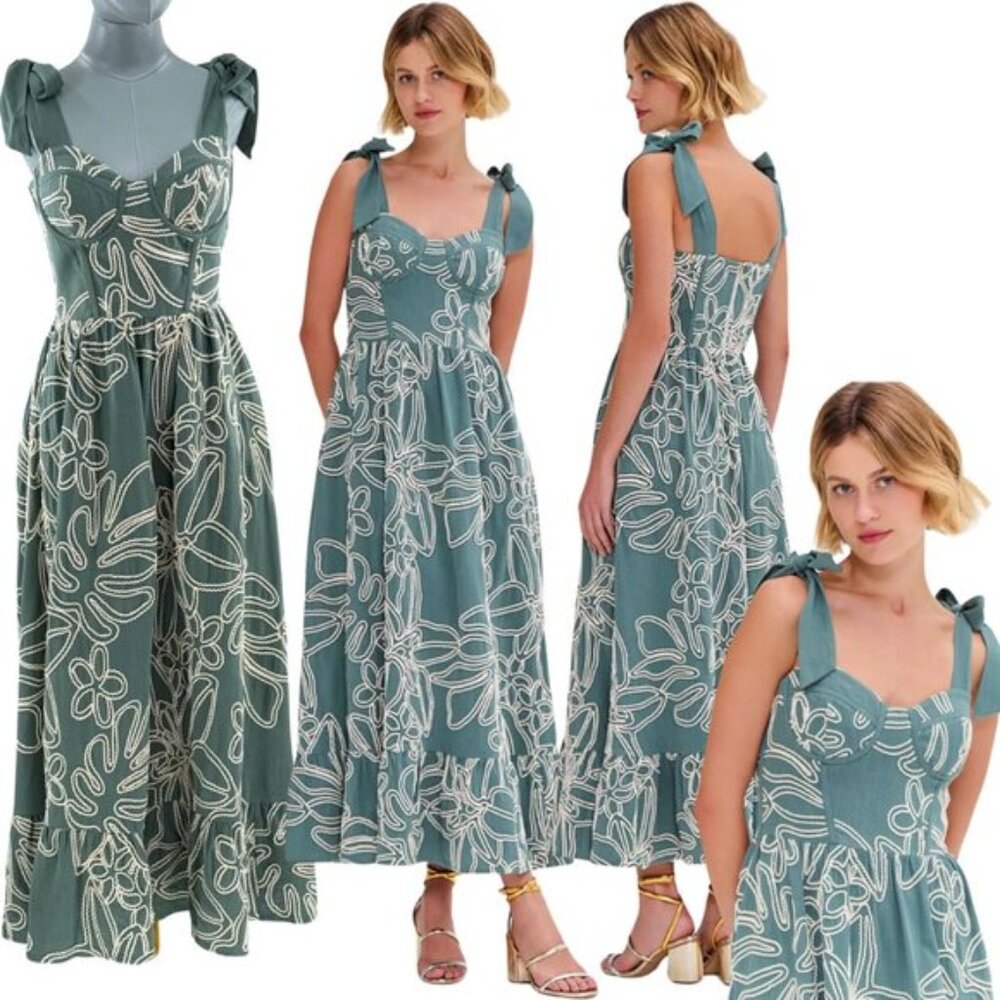 🆕 PATBO 🧿 NWOT Asas Linen Lace Midi Dress, Green with White Embroidery - Sz 4